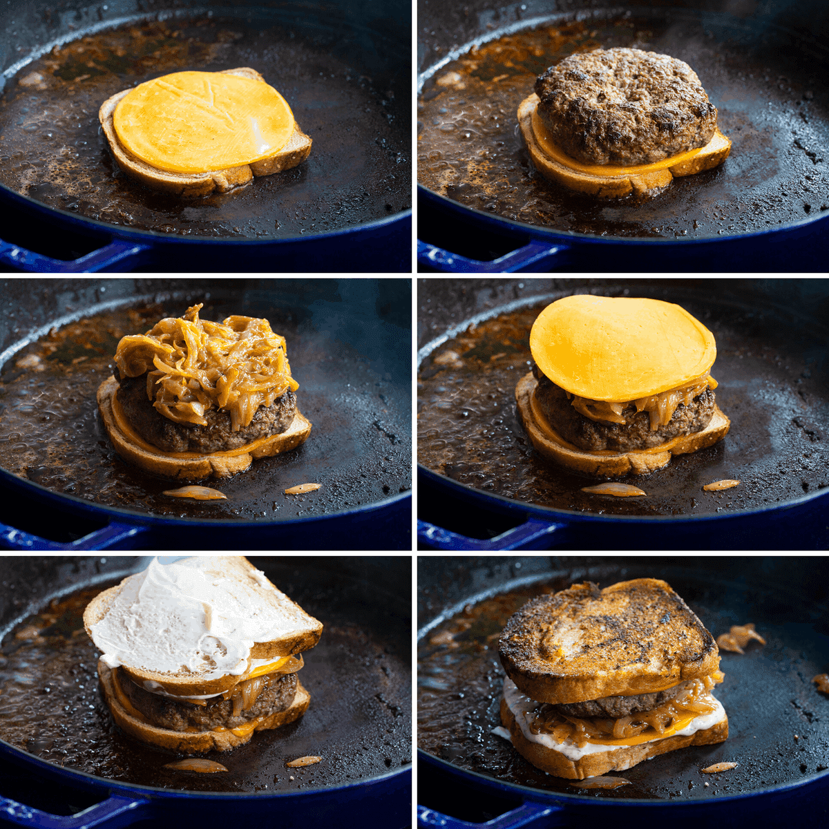 Process Images of the Layers Being added to Patty Melt Sandwich