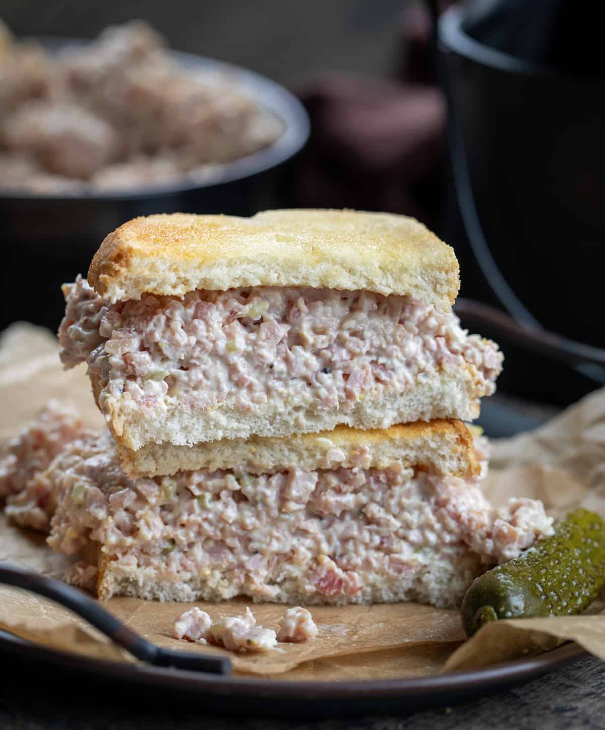 Ham Salad sandwich cut in half and stacked.