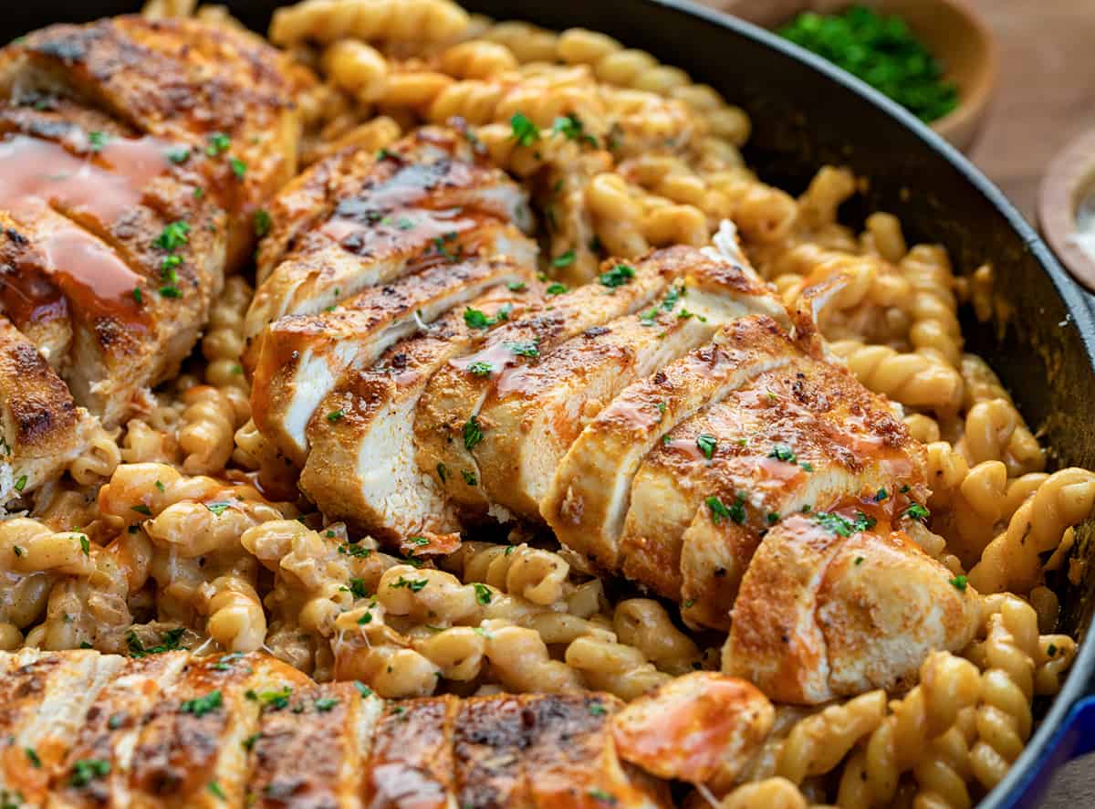 Close up of pan of Creamy Buffalo Chicken Pasta.