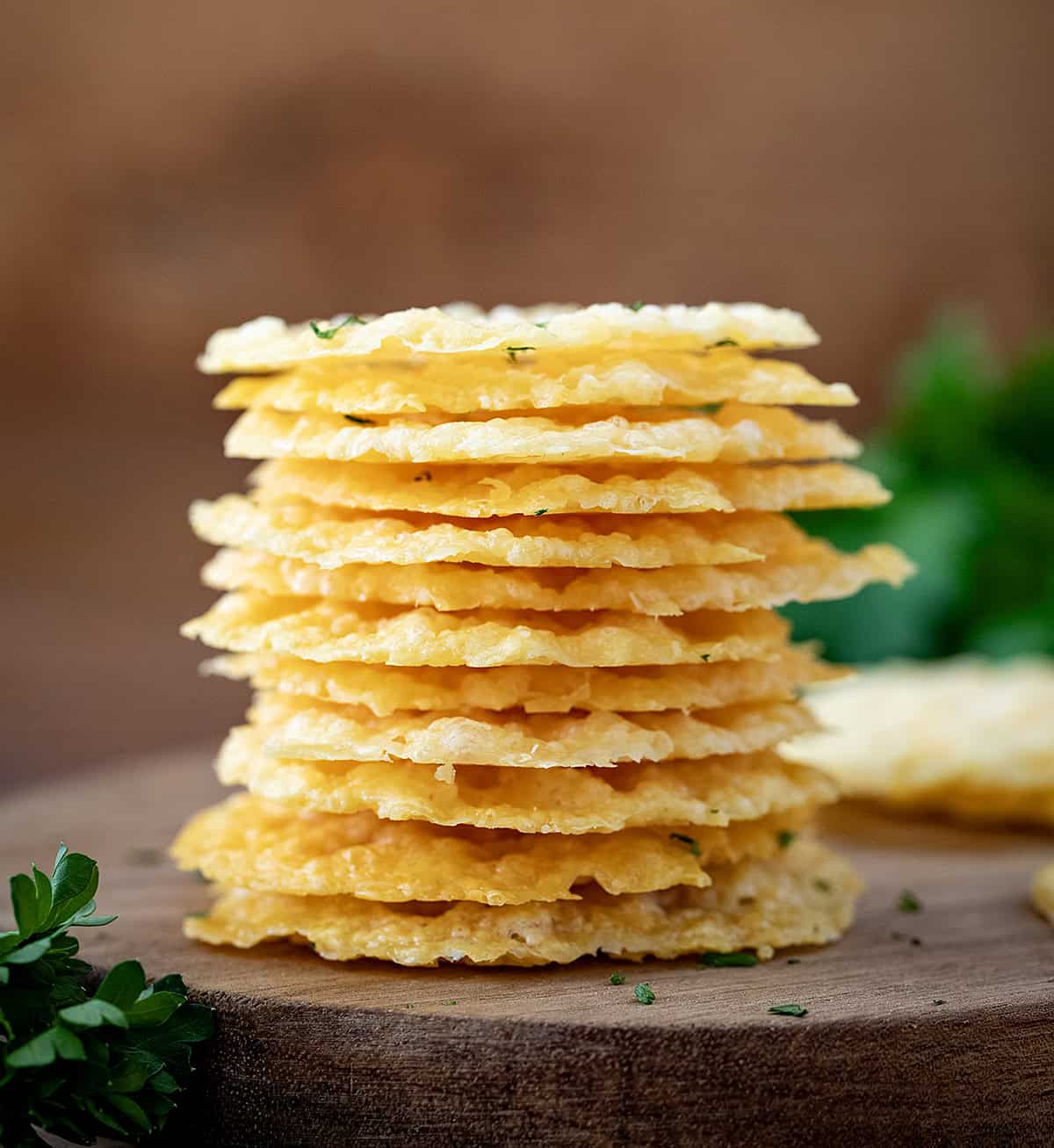 Close up of a stack of Parmesan Crisps.